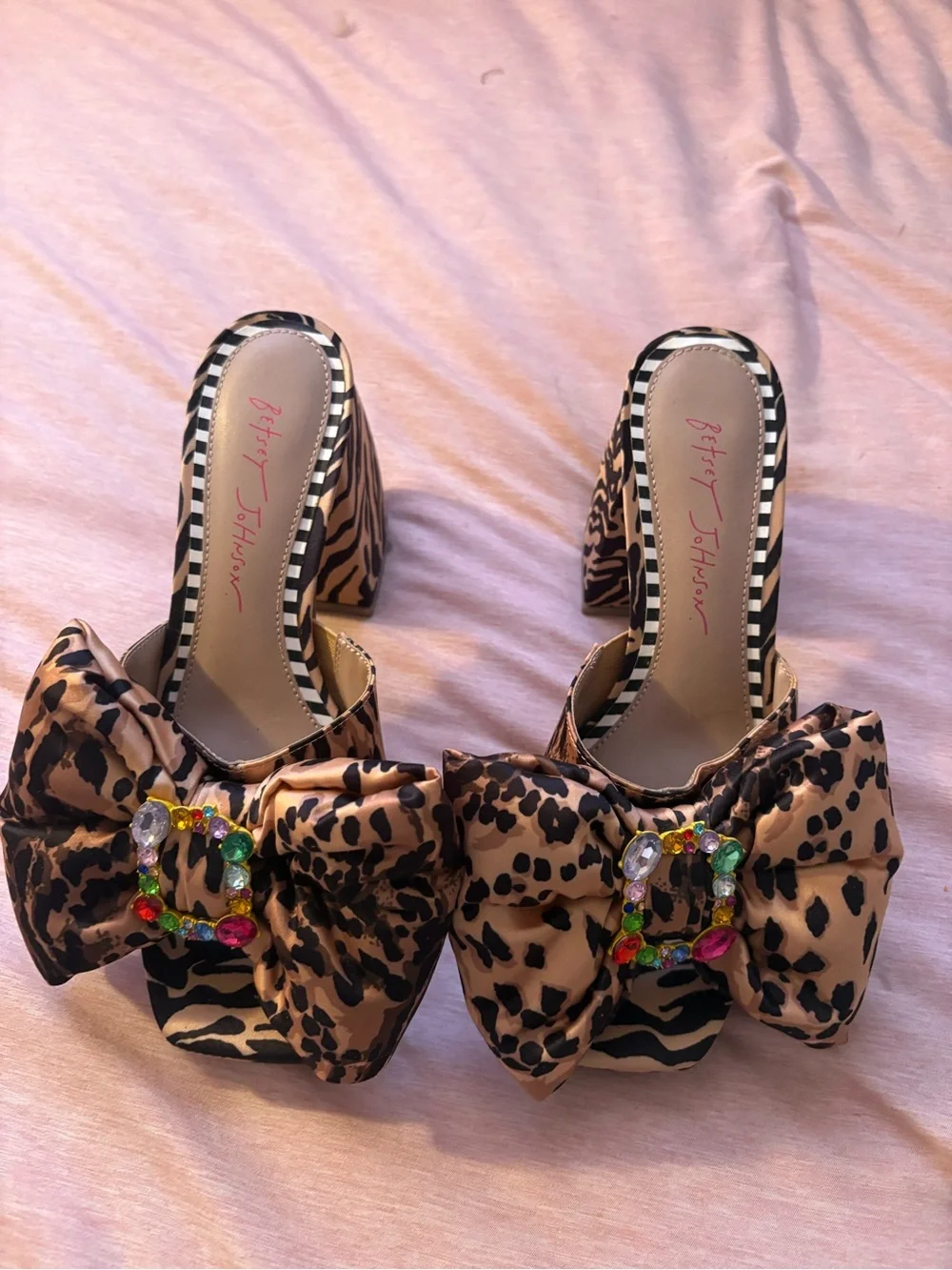 Betsey Johnson Leopard Bow Slide Heels with Multicolored Jewel Buckle